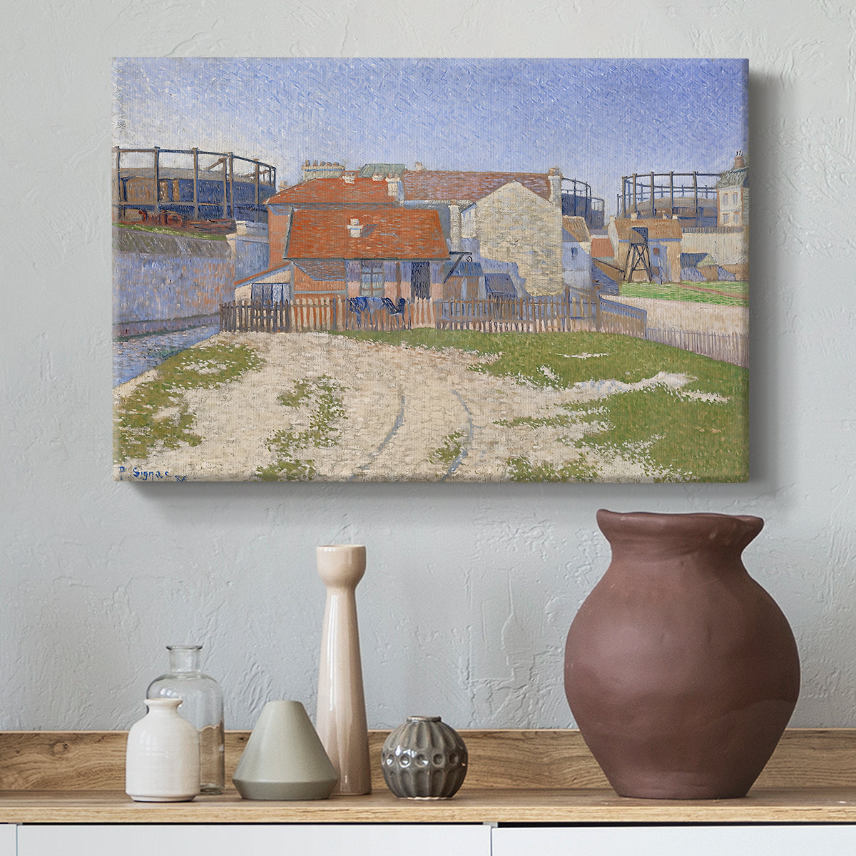 Canvas art print featuring a pointillist industrial view, styled above a decorative console