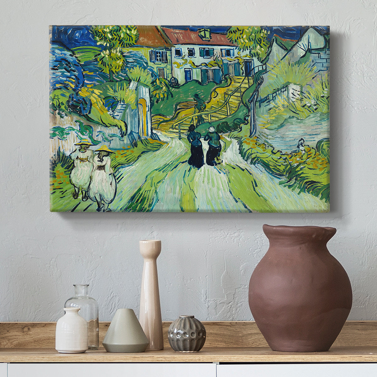 Canvas art print featuring a post-impressionist urban composition with perspective, styled above a decorative console