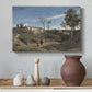 Canvas art print featuring a pastoral landscape with trees and rolling terrain, styled above a decorative console