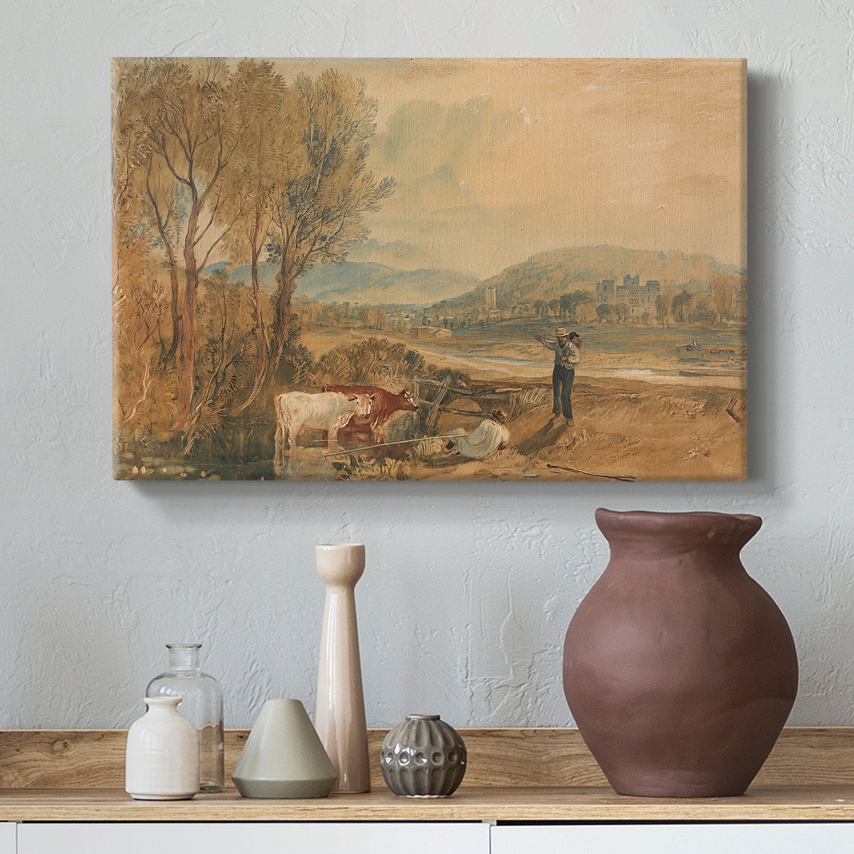 Canvas art print featuring an expressive countryside view with building, styled above a decorative console