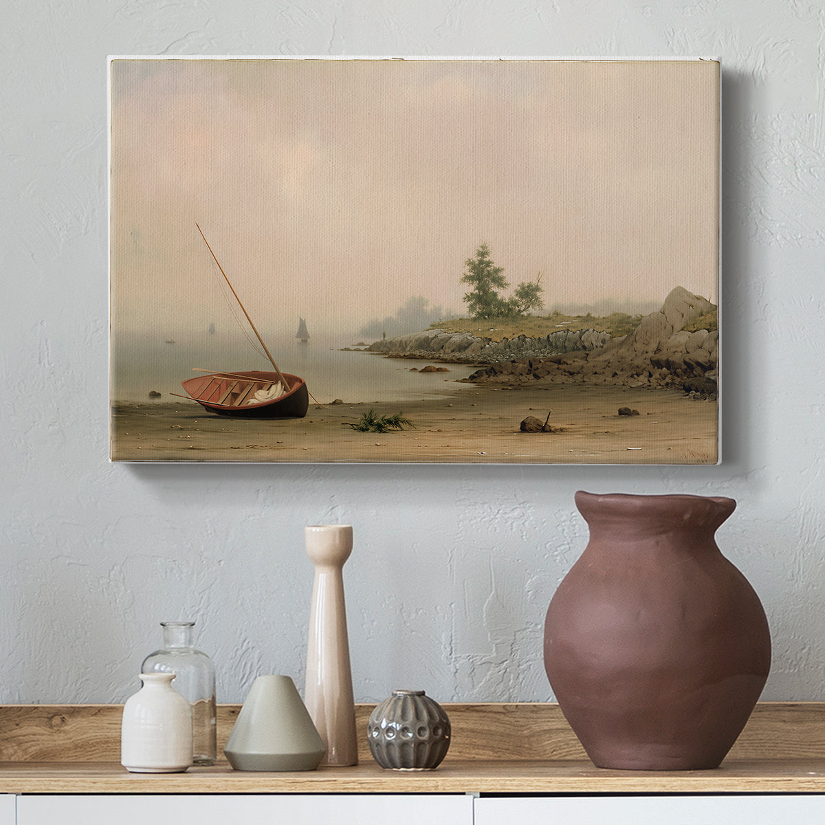 Canvas art print featuring a tranquil landscape with boat and reflective water, styled above a decorative console