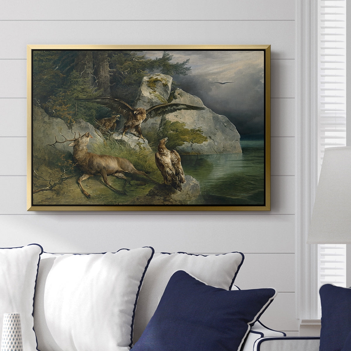 Eagles and Dying Stag on a Lakeshore, 1836 - Floater Framed Canvas Print