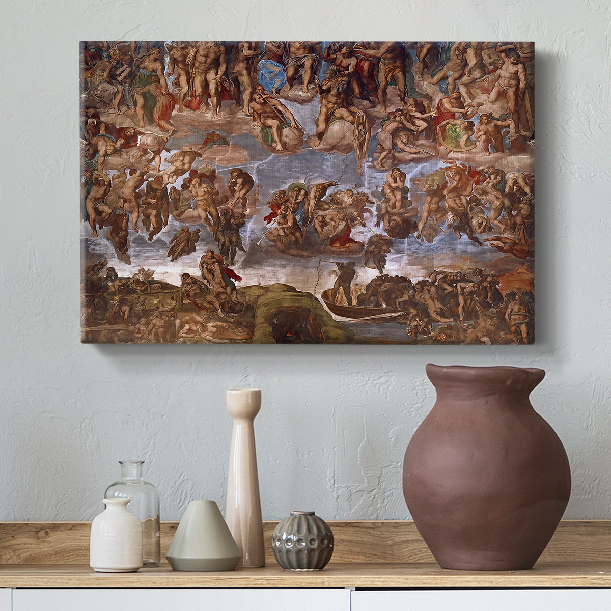 Canvas art print featuring an expressive arrangement of bodies, styled above a decorative console