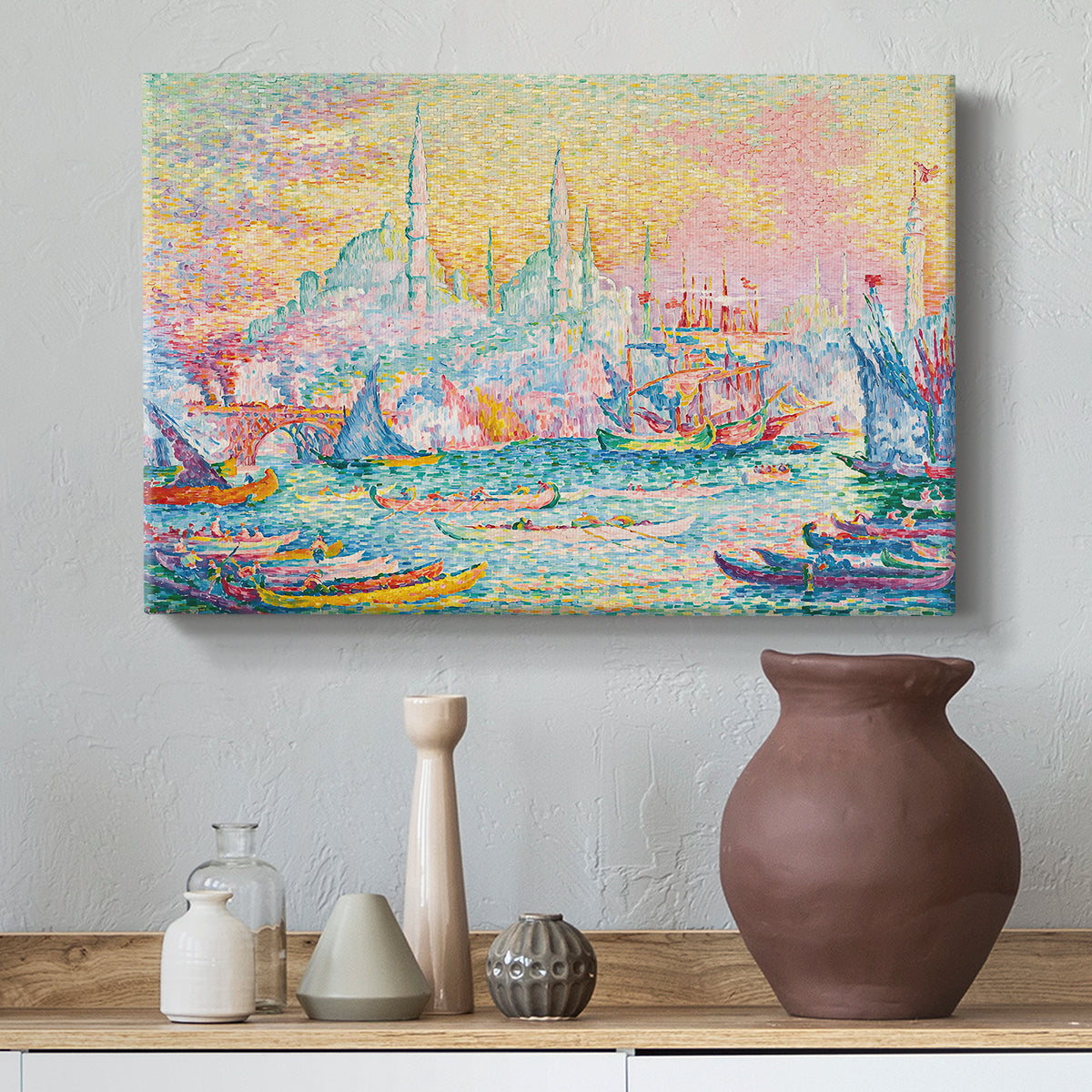 Canvas art print featuring a maritime panoramic view with boats, styled above a decorative console