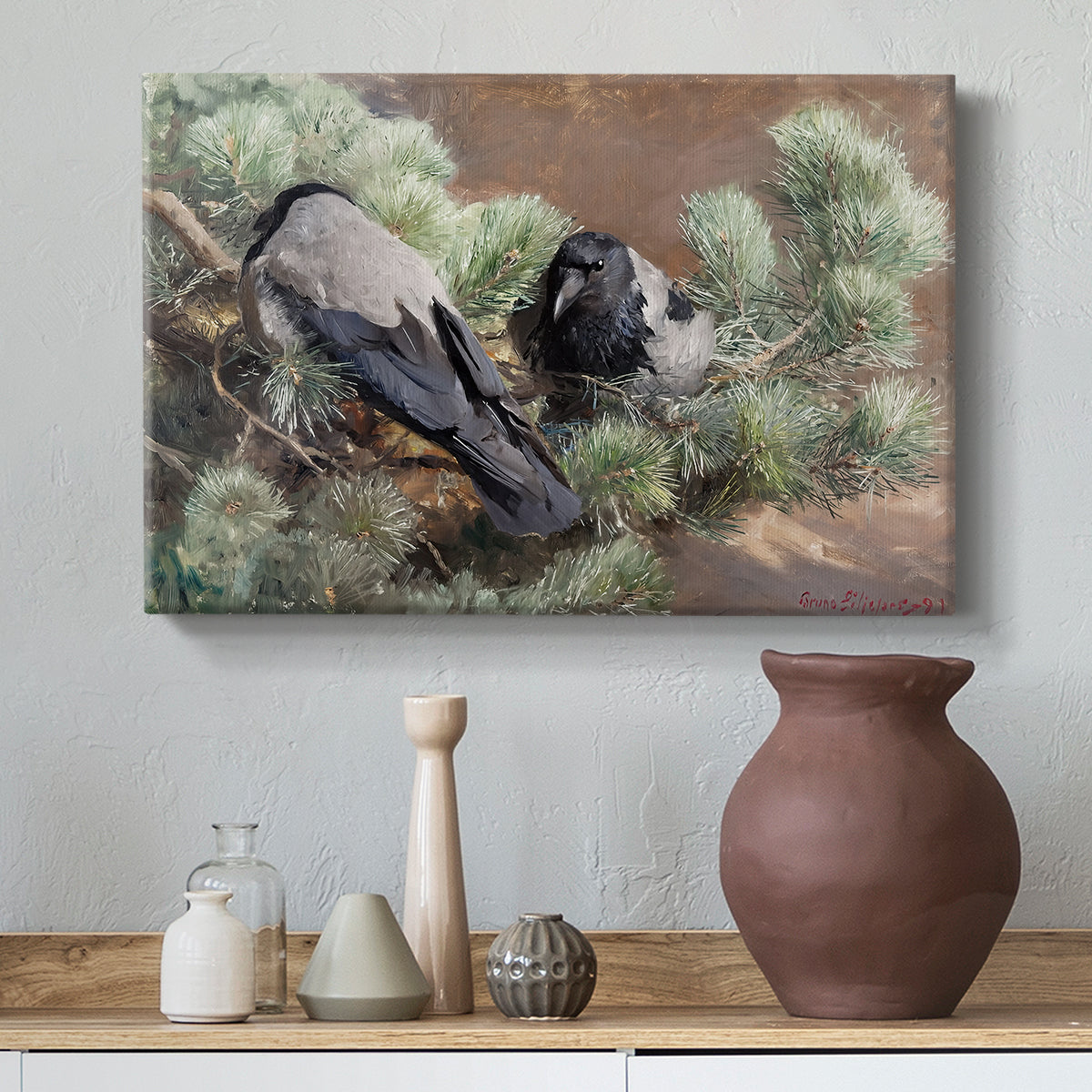 Canvas art print featuring a realistic scene of crows interacting on grassy terrain, styled above a decorative console