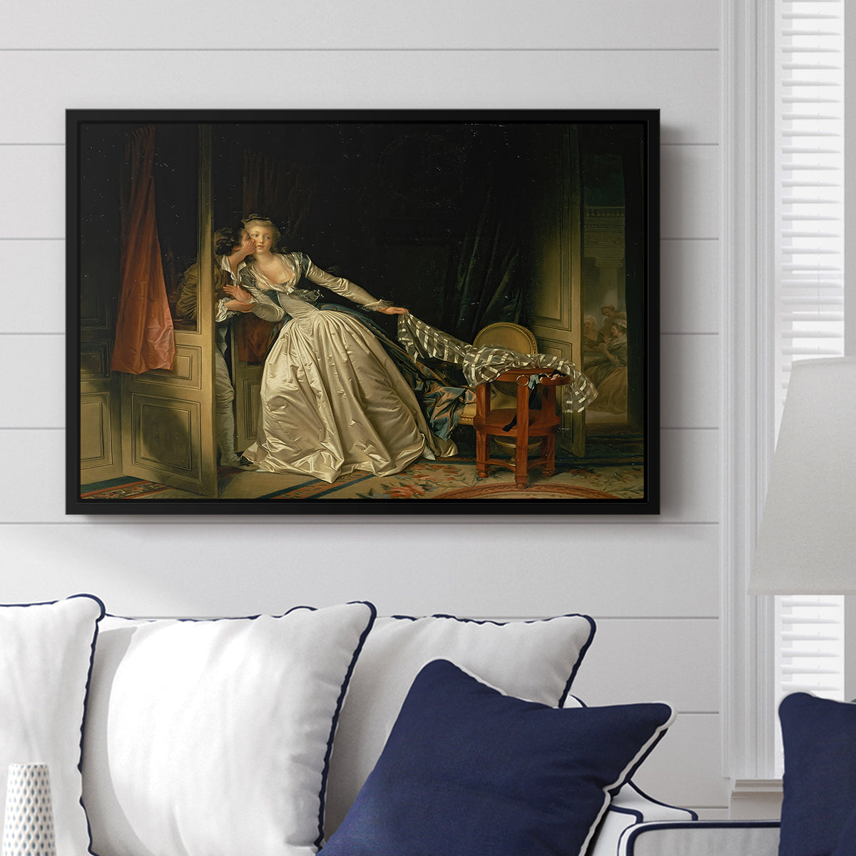 The Stolen Kiss (Le Baiser à la dérobée), c. 1788 - Floater Framed Canvas Print