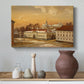 Canvas art print featuring an urban landscape featuring castle structures and activity, styled above a decorative console