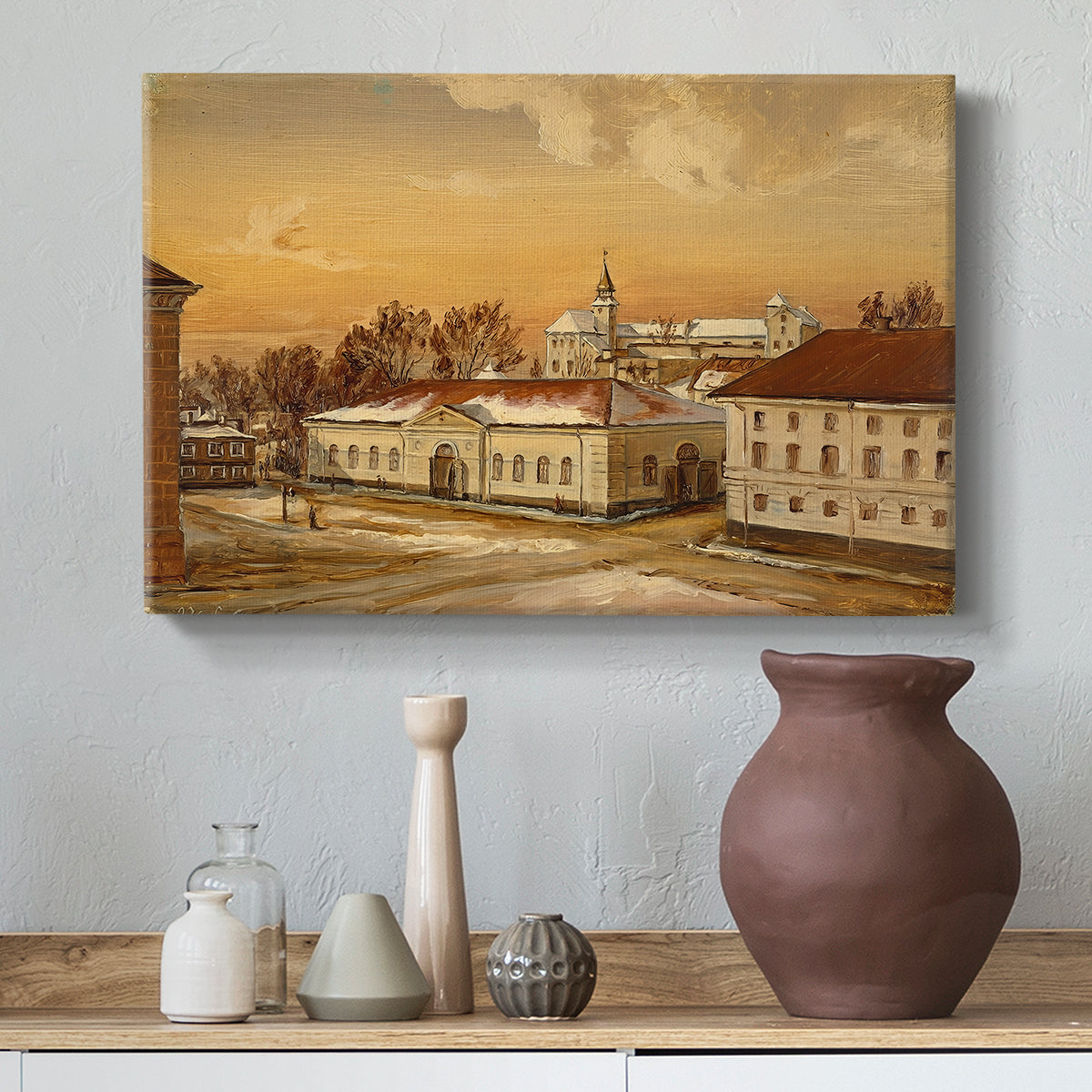 Canvas art print featuring an urban landscape featuring castle structures and activity, styled above a decorative console