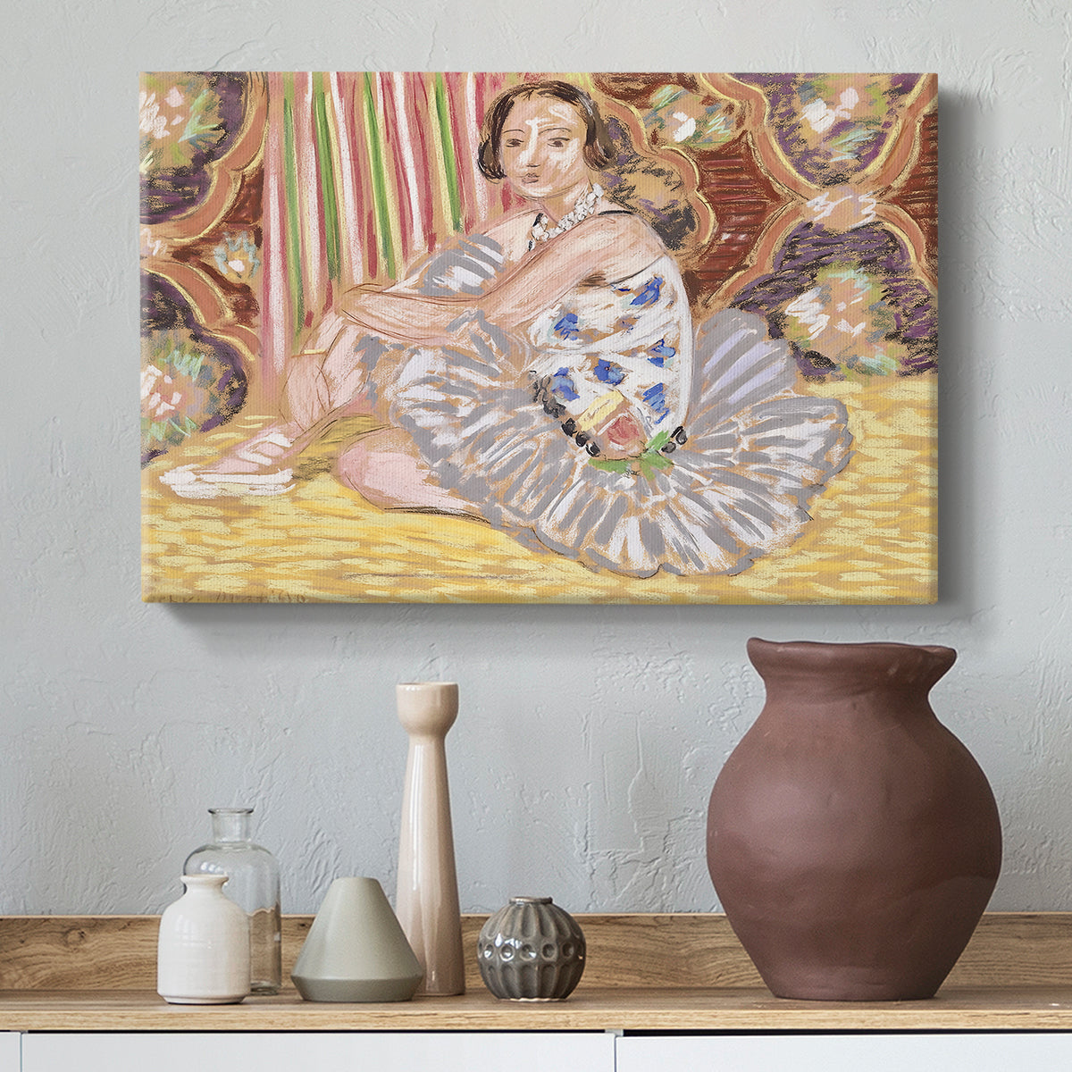 Canvas art print featuring a Fauvist figure study with costume-like detail, styled above a decorative console