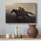 Canvas art print featuring a narrative painting of escape and urgency across rugged terrain, styled above a decorative console
