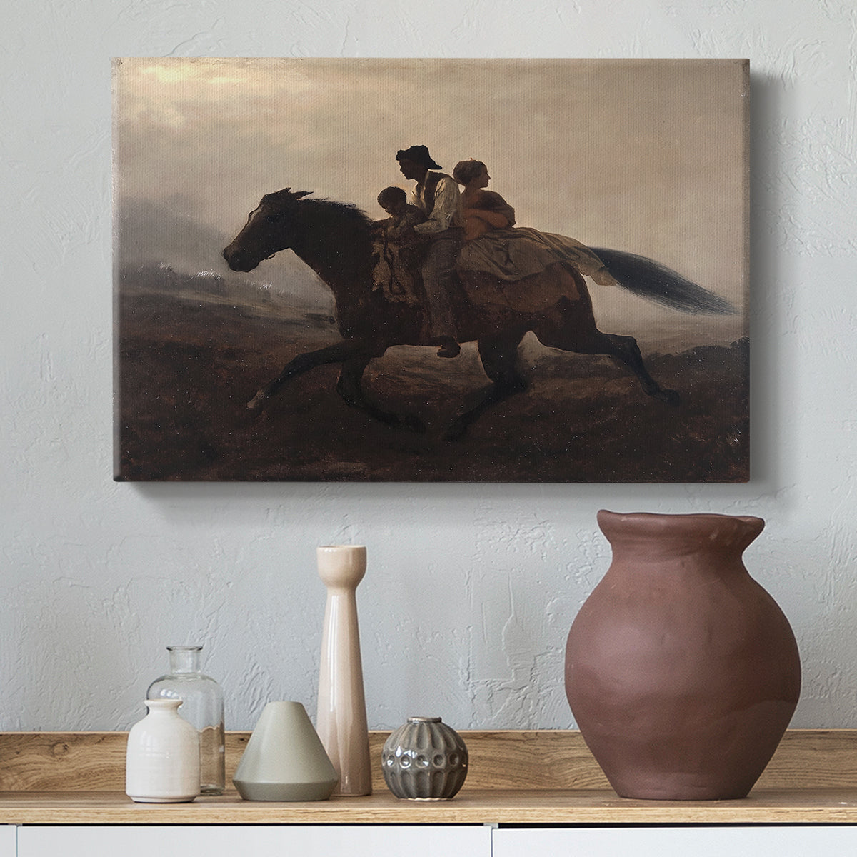 Canvas art print featuring a narrative painting of escape and urgency across rugged terrain, styled above a decorative console
