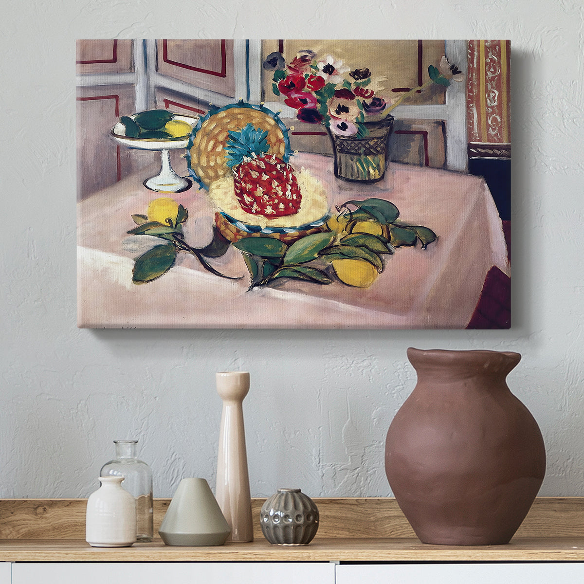 Canvas art print featuring a colorful still life with fruit and surrounding objects, styled above a decorative console