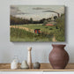Canvas art print featuring a simplified industrial landscape with activity and buildings, styled above a decorative console