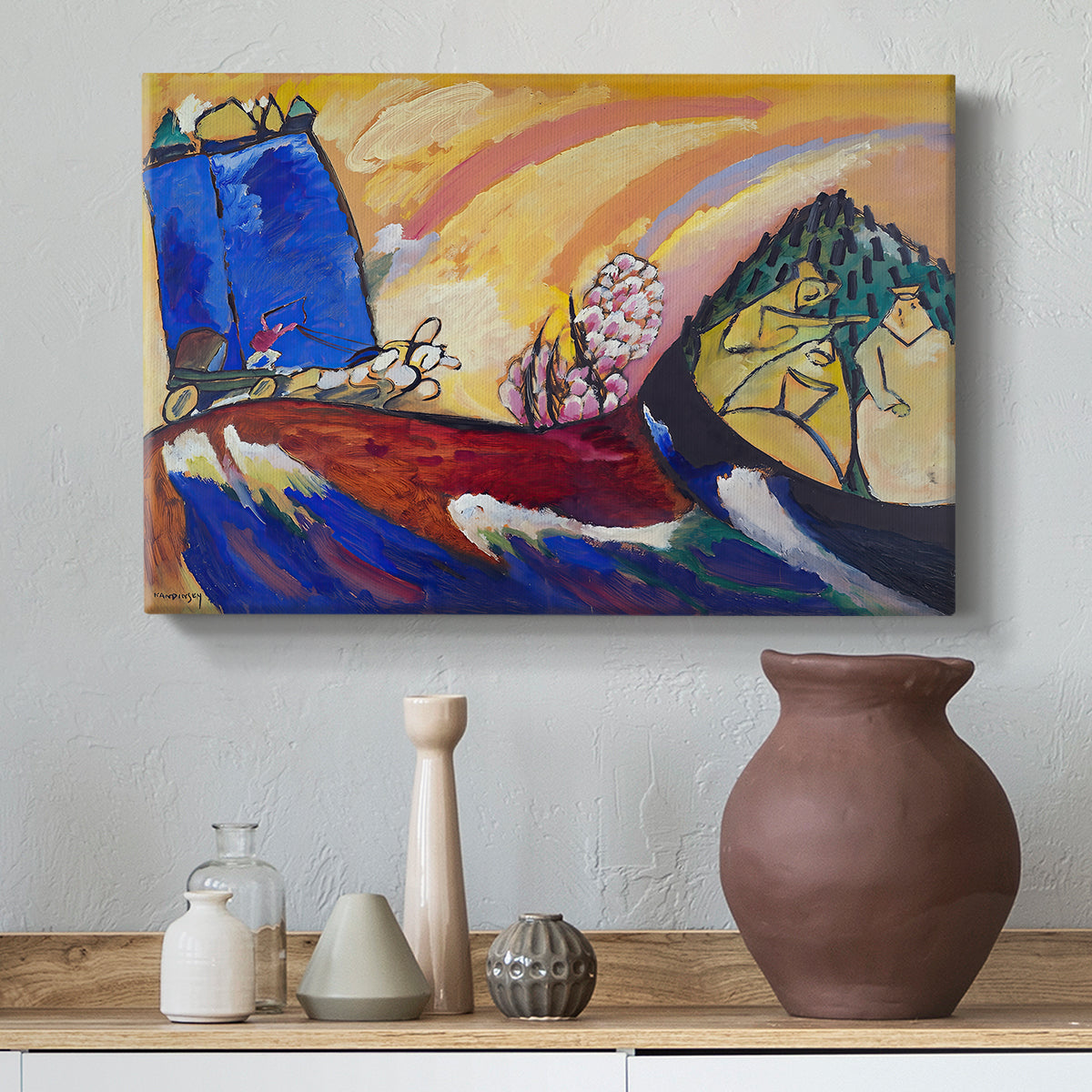 Canvas art print featuring a dynamic scene blending figurative elements with abstraction, styled above a decorative console