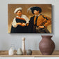 Canvas art print featuring a close interaction between two figures involving deception and gesture, styled above a decorative console