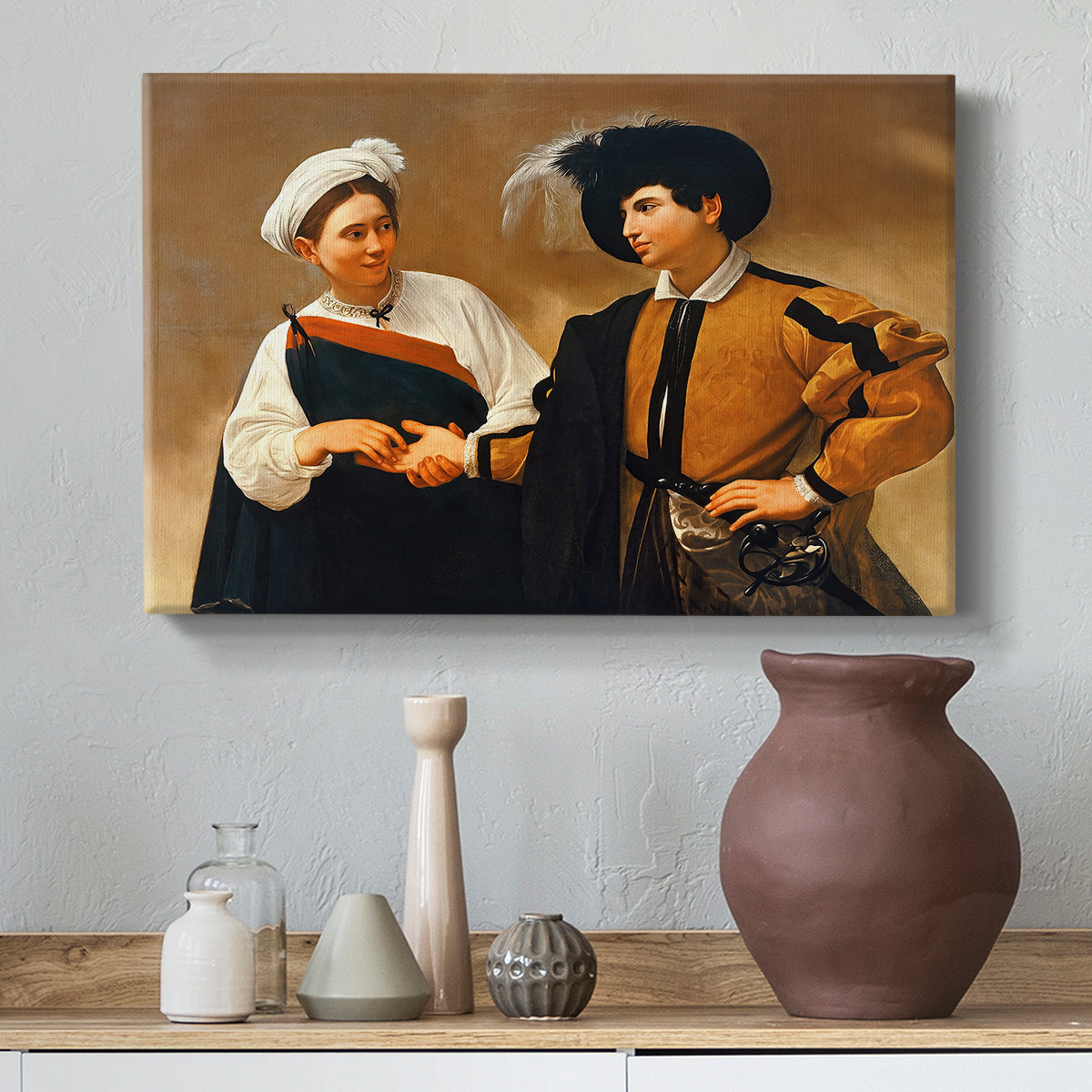 Canvas art print featuring a close interaction between two figures involving deception and gesture, styled above a decorative console