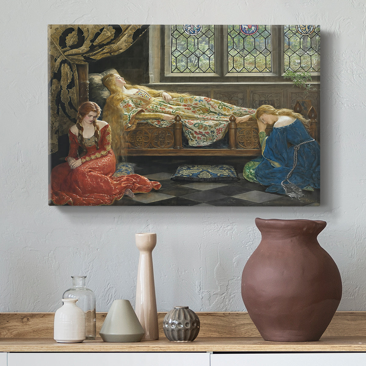 Canvas art print featuring an expressive interior composition, styled above a decorative console