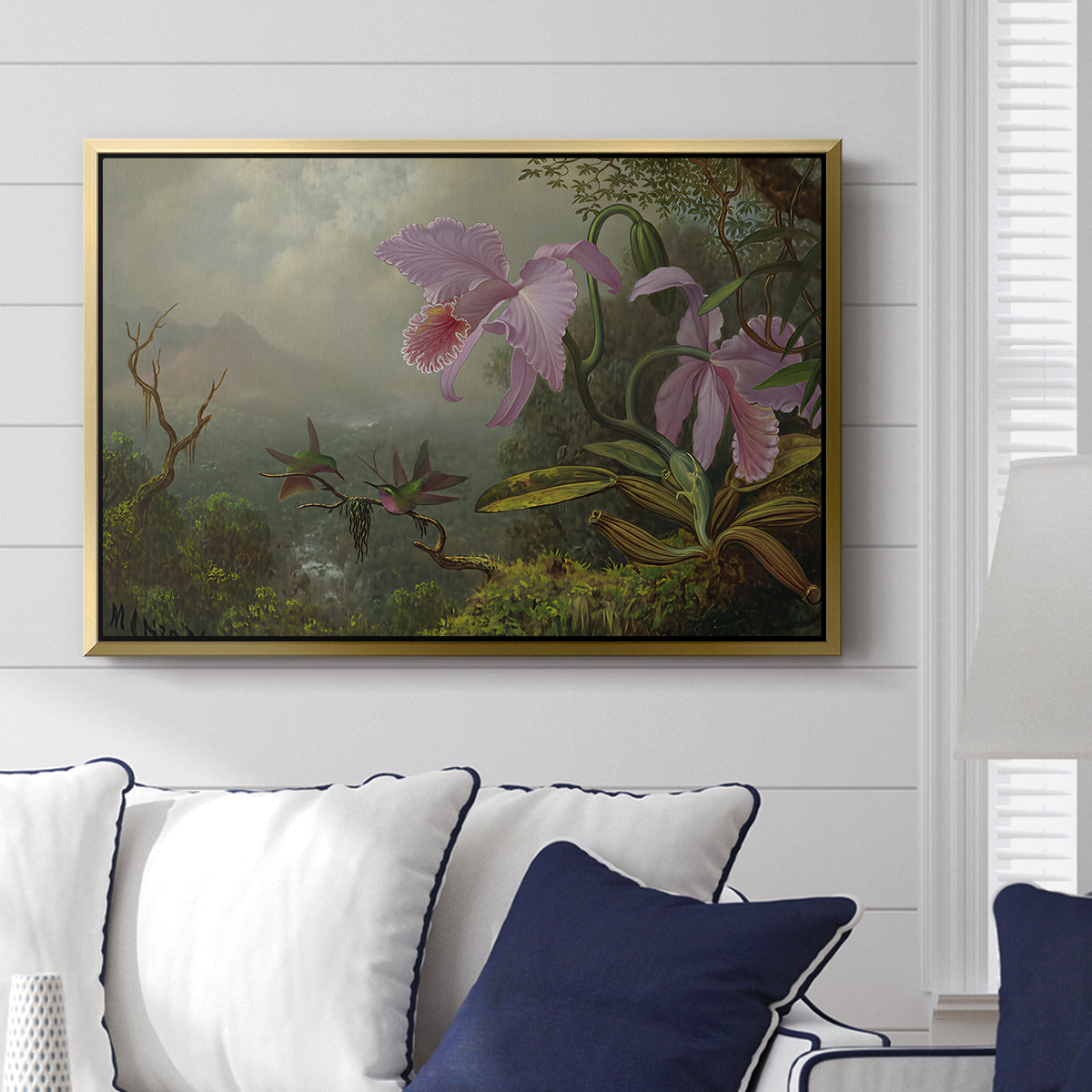 Two Sun Angel Hummingbirds on a Branch, c. 1890-1904 - Floater Framed Canvas Print