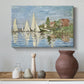 Canvas art print featuring an impressionist depiction of sailing competition on water, styled above a decorative console