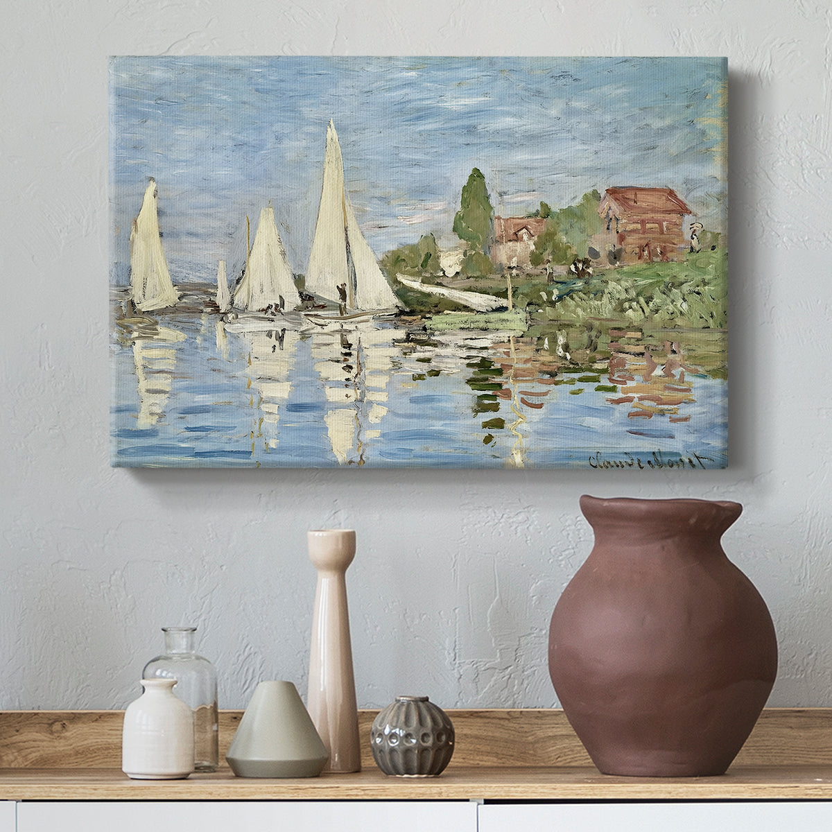 Canvas art print featuring an impressionist depiction of sailing competition on water, styled above a decorative console