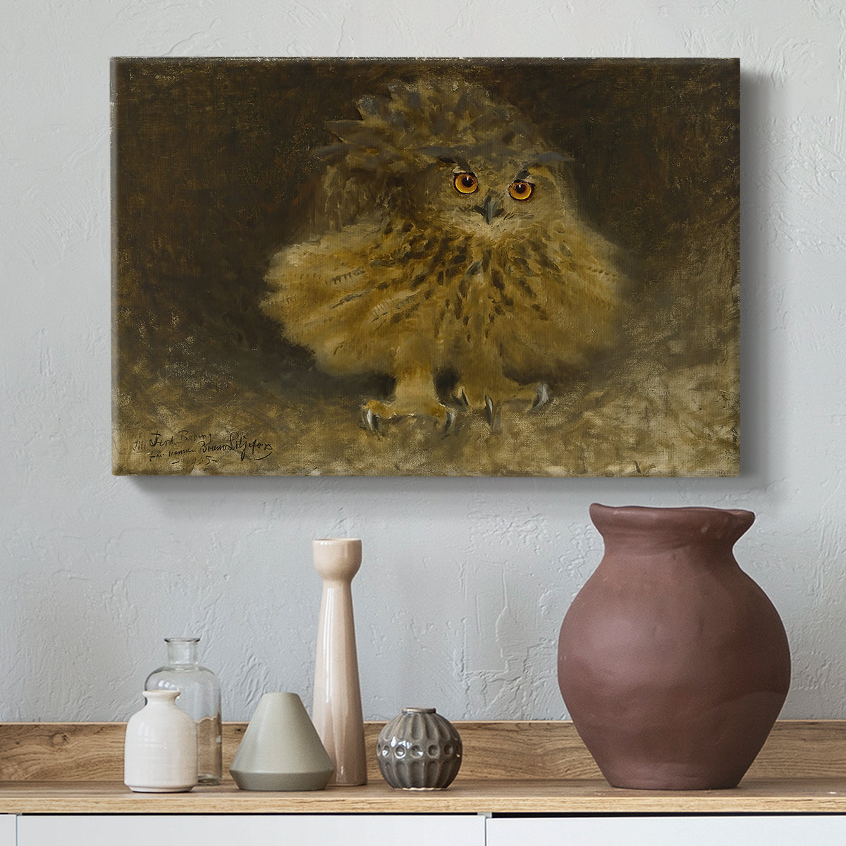 Canvas art print featuring a bird of prey resting on tree branch with textured feathers, styled above a decorative console