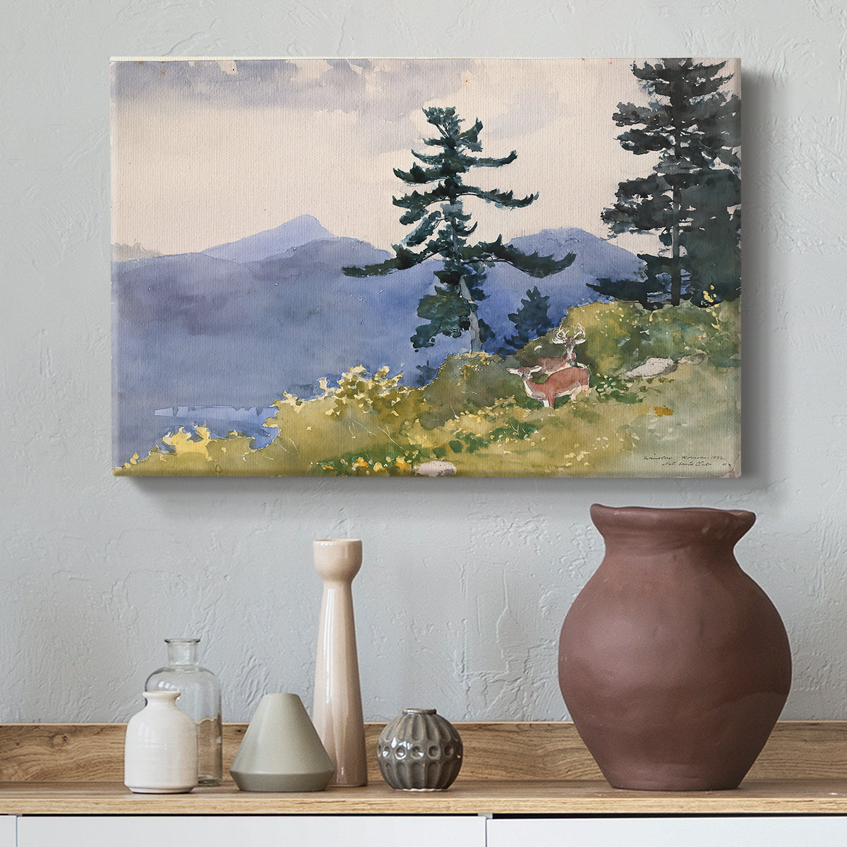 Canvas art print featuring a rustic scene showing building within forest environment, styled above a decorative console