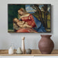 Canvas art print featuring a Renaissance composition focused on Madonna and child in seated pose, styled above a decorative console