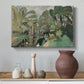 Canvas art print featuring a stylized landscape with a fisherman in nature, styled above a decorative console