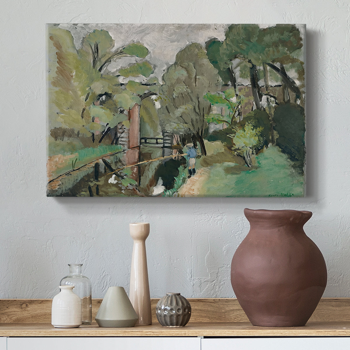 Canvas art print featuring a stylized landscape with a fisherman in nature, styled above a decorative console