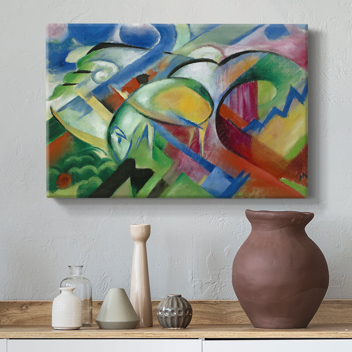 Canvas art print featuring an expressionist composition blending animals with environment, styled above a decorative console
