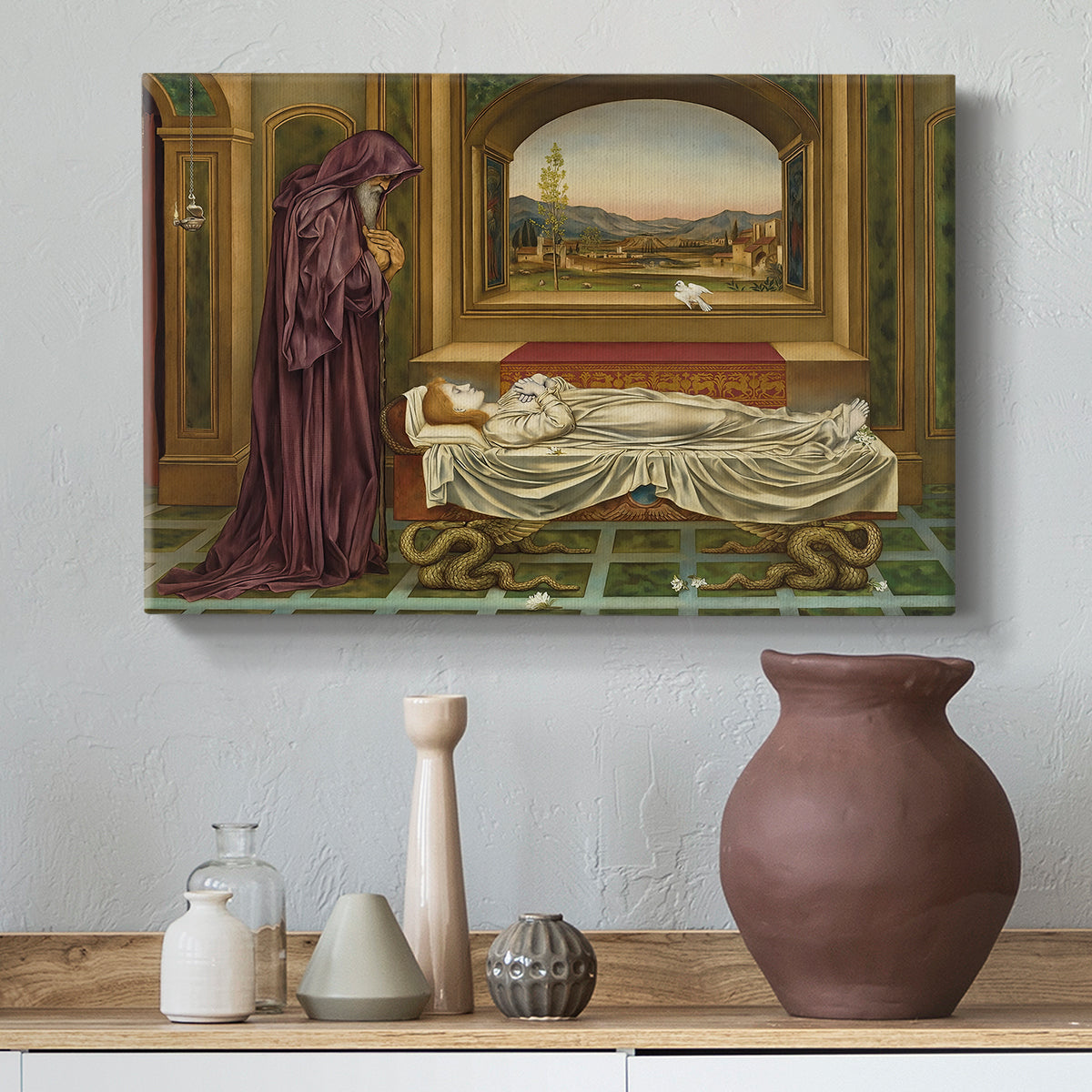 Canvas art print featuring an introspective scene with lone figure framed by interior elements, styled above a decorative console