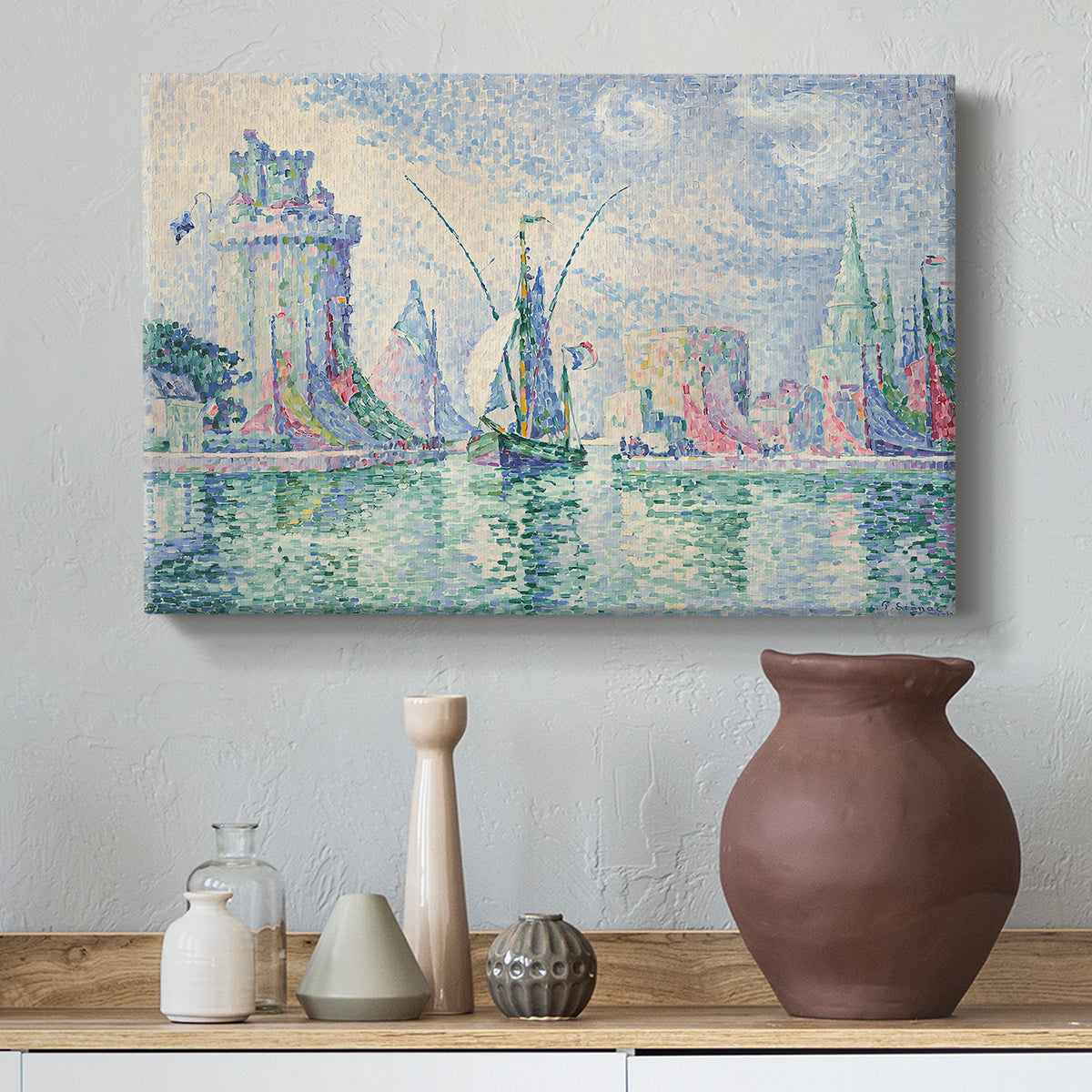 Canvas art print featuring a colorful depiction of towers near water, styled above a decorative console