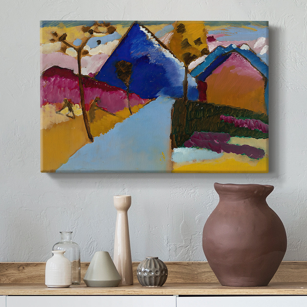 Canvas art print featuring an expressive composition blending architecture with color fields, styled above a decorative console