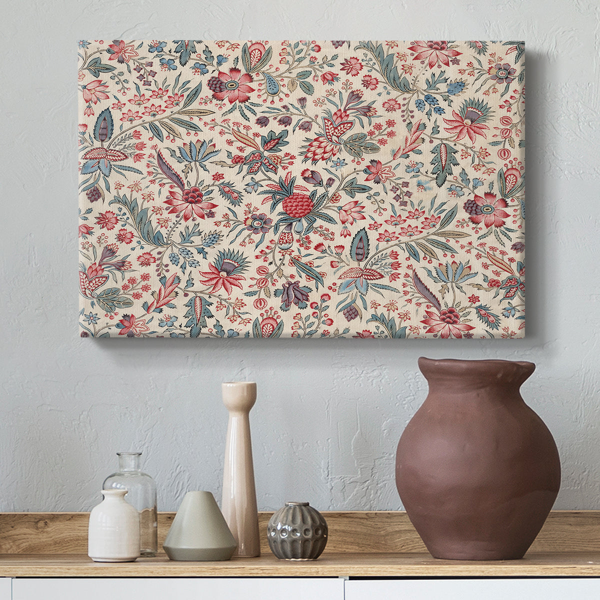 Canvas art print featuring a patterned composition with dense ornamental elements, styled above a decorative console