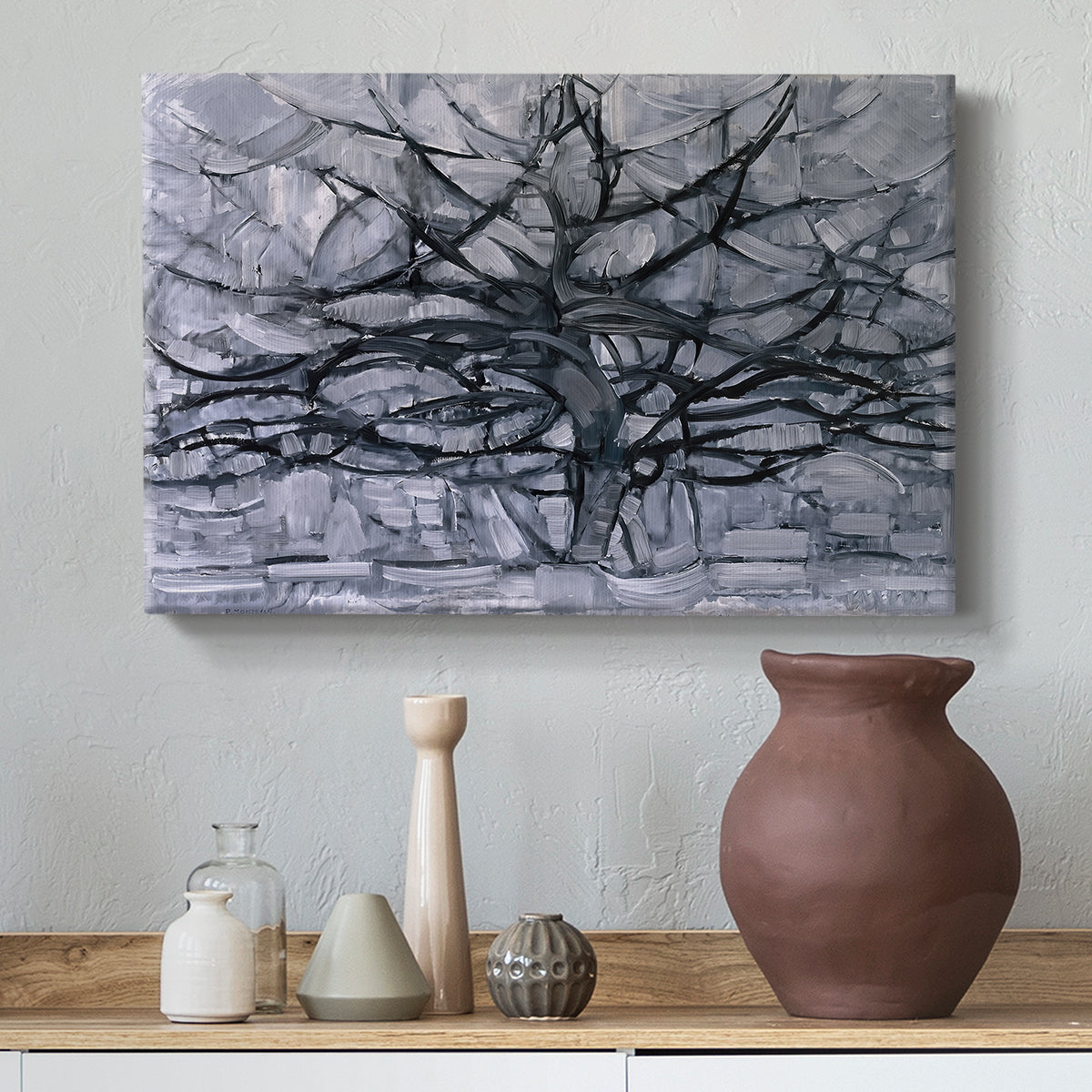 Canvas art print featuring a linear composition focusing on network of branches, styled above a decorative console