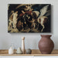 Canvas art print featuring an expressive narrative scene with multiple figures and symbolism, styled above a decorative console