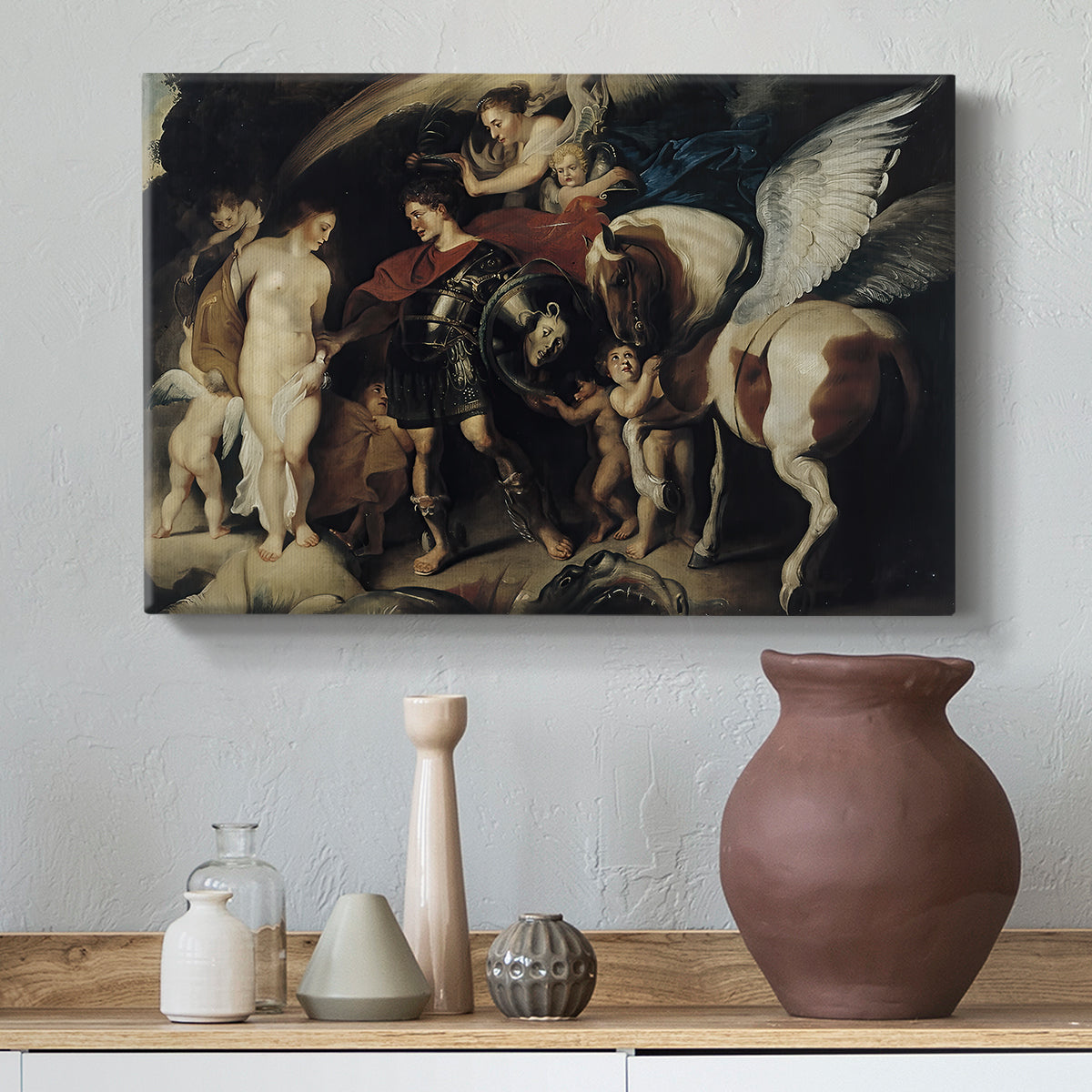 Canvas art print featuring an expressive narrative scene with multiple figures and symbolism, styled above a decorative console