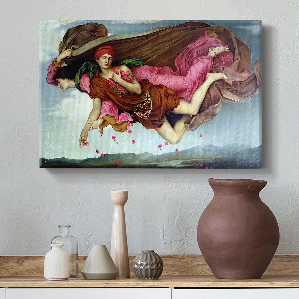 Canvas art print featuring a dreamlike scene with draped figures drifting across dark background, styled above a decorative console