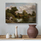 Canvas art print featuring an expressive landscape featuring animal near water, styled above a decorative console