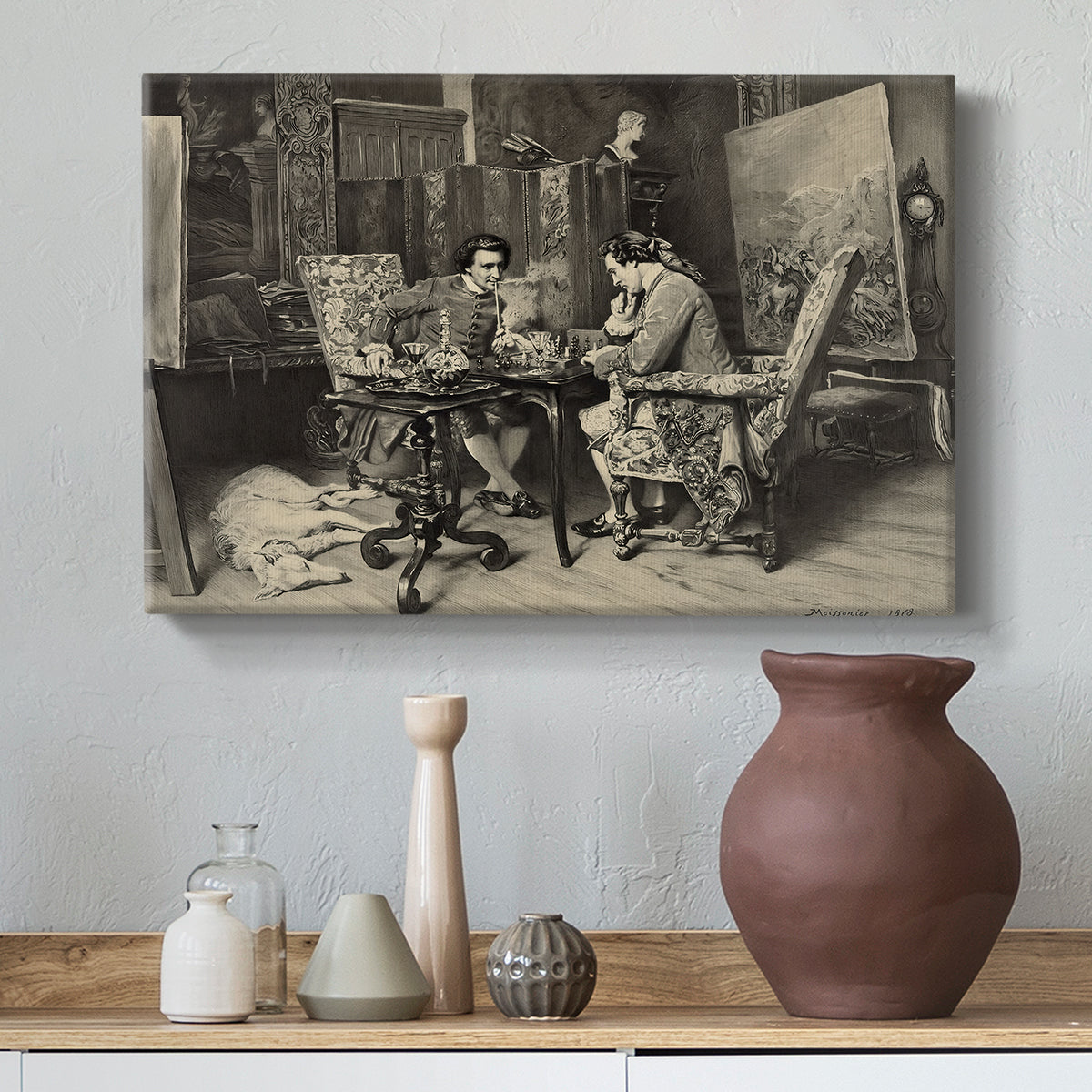 Canvas art print featuring an intimate interior with players focused on board and pieces, styled above a decorative console
