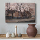 Canvas art print featuring a rural scene with structure and atmosphere, styled above a decorative console