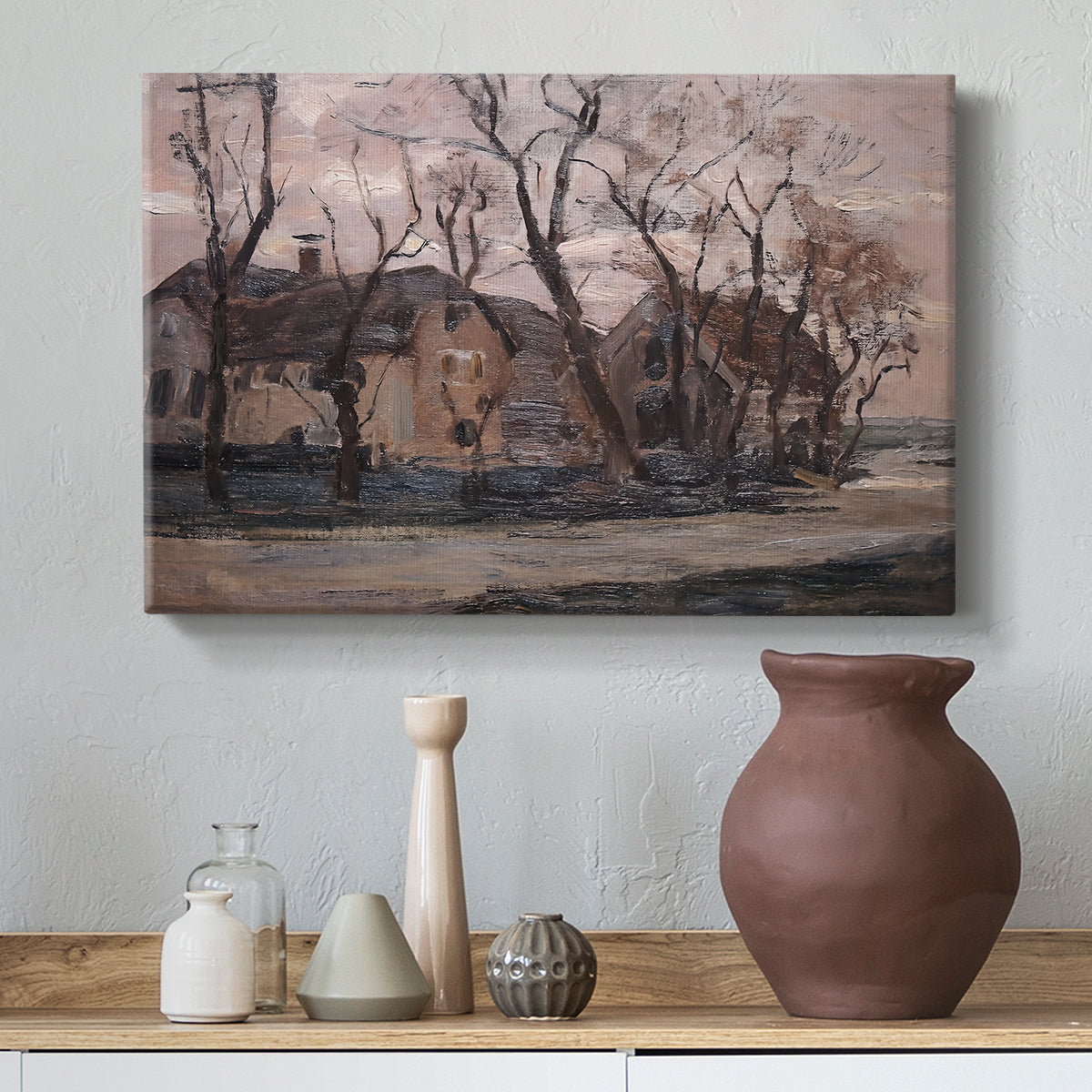 Canvas art print featuring a rural scene with structure and atmosphere, styled above a decorative console
