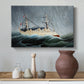 Canvas art print featuring a nautical scene with ship battling turbulent waters, styled above a decorative console