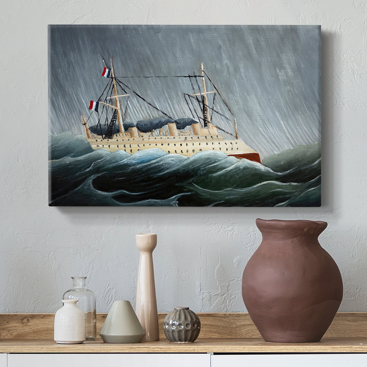 Canvas art print featuring a nautical scene with ship battling turbulent waters, styled above a decorative console
