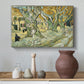 Canvas art print featuring a tree-lined path composition with activity along roadside, styled above a decorative console
