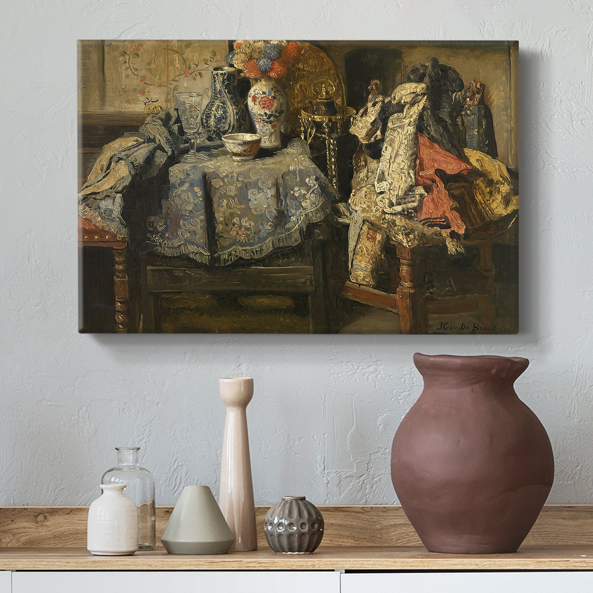 Canvas art print featuring a realistic still life with multiple objects and textures, styled above a decorative console