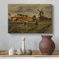 Canvas art print featuring a countryside composition with houses and working figures, styled above a decorative console
