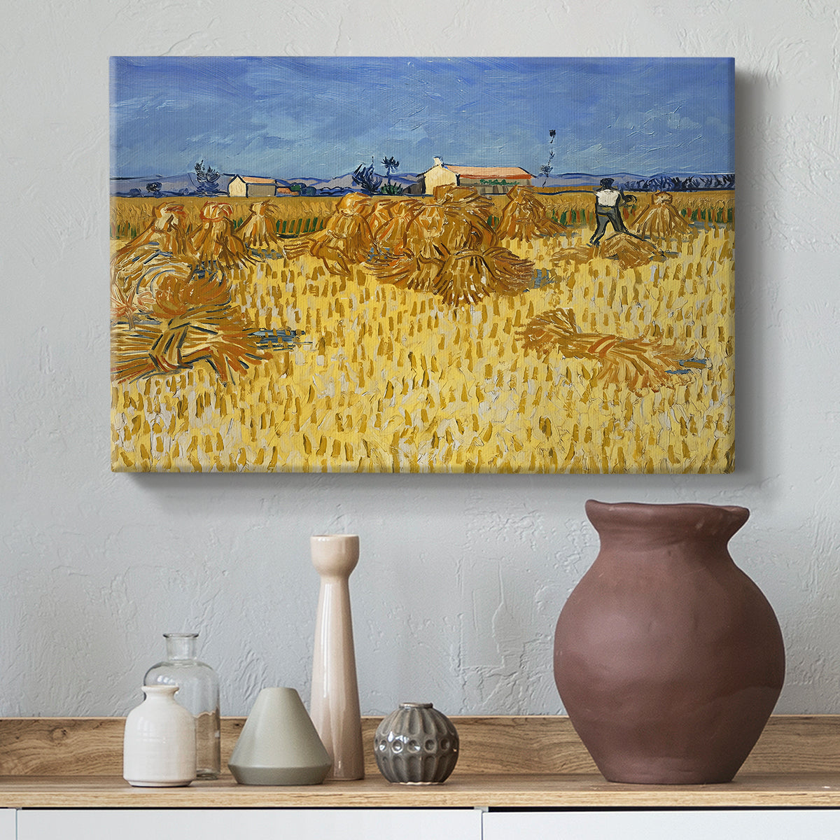 Canvas art print featuring a field composition showing harvest stage with grouped crops, styled above a decorative console