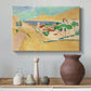 Canvas art print featuring an expressive depiction of coastal town under bright light, styled above a decorative console