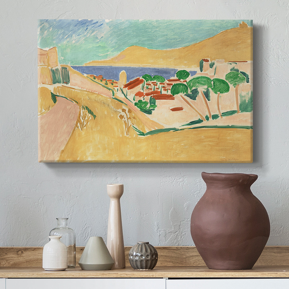 Canvas art print featuring an expressive depiction of coastal town under bright light, styled above a decorative console